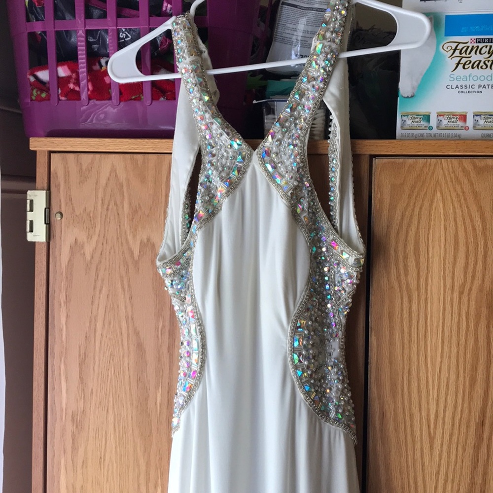 Embellished backless white prom dress